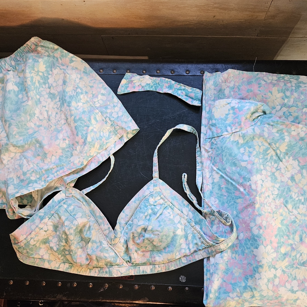 Vintage Swim Suit Bikini Vintage Swimwear Set Floral Kimono Cover Up 3 Piece Set
